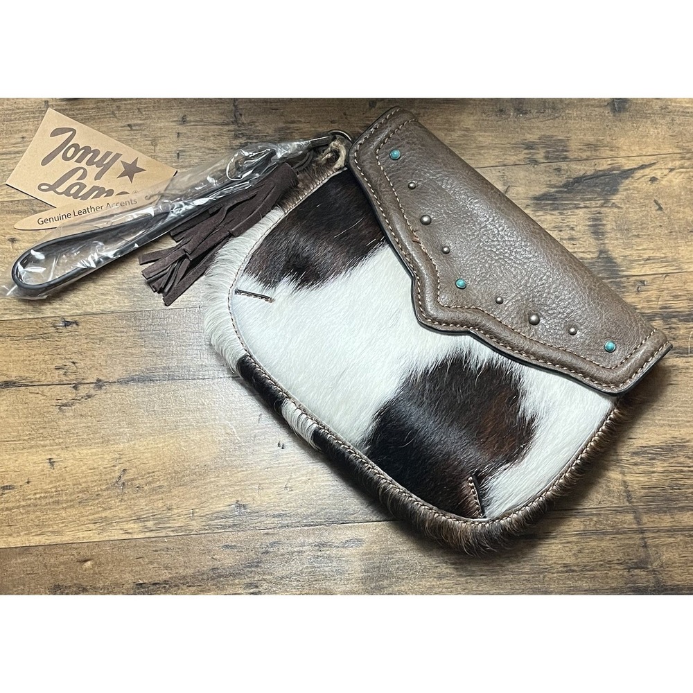 NWT Tony Lama Cowhide Brindle Hair Clutch Purse Wristlet Small Brown Western
